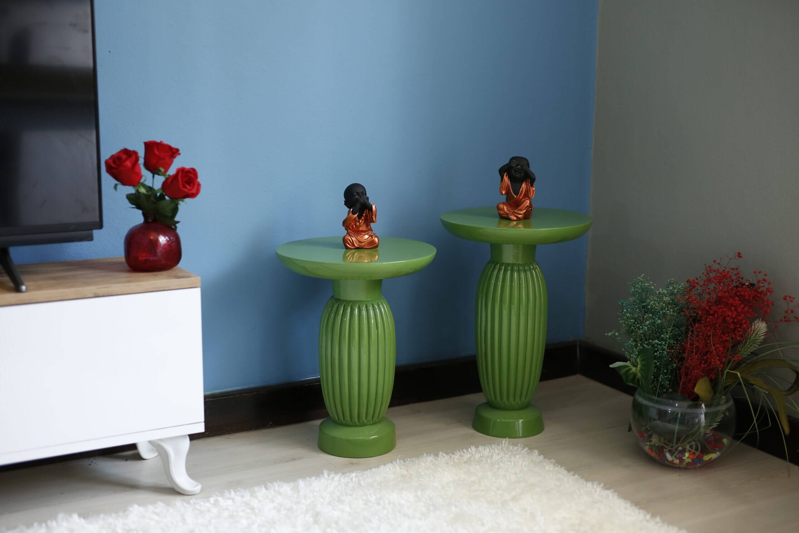 2'li Vazo Cizgili Yeşil Yan Sehpa