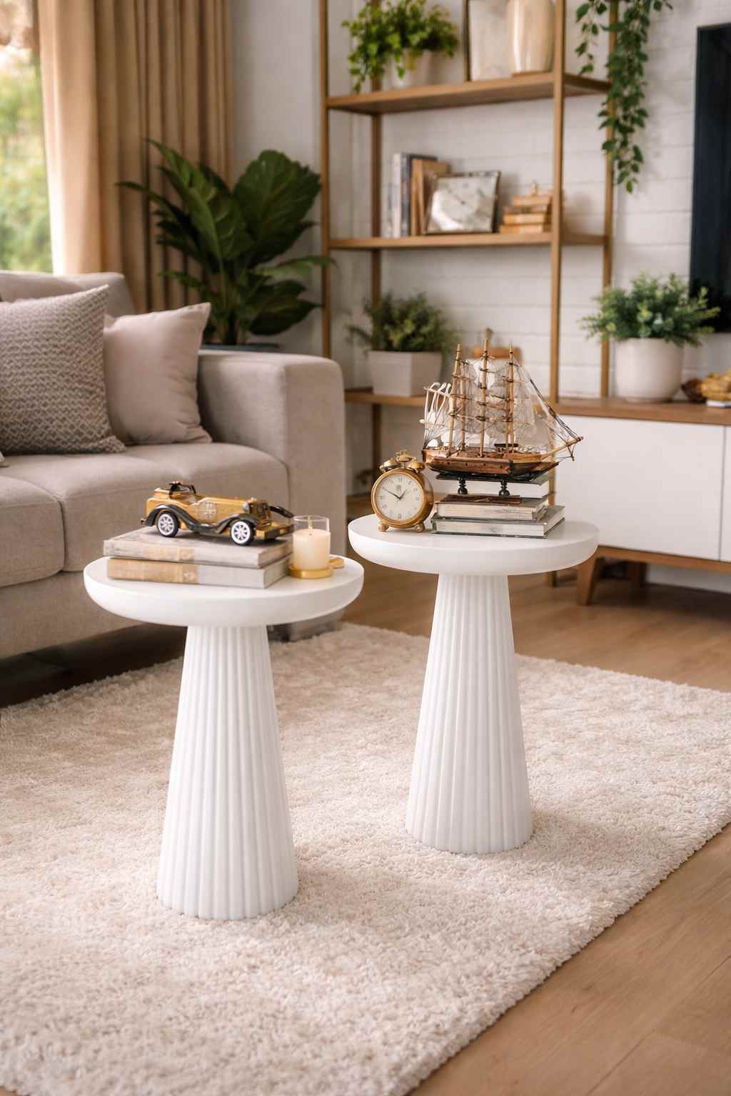 Doğal ahşap yuvarlak mantar sehpa seti