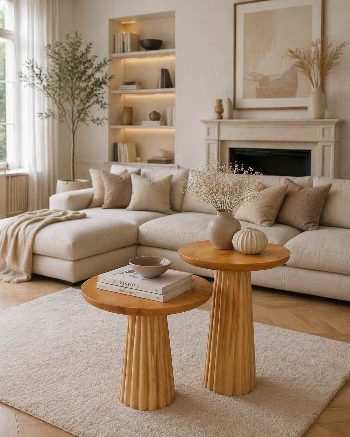 3’lü ahşap mantar sehpa seti salon için