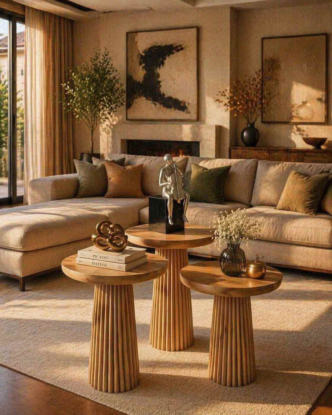 Doğal ahşap mantar sehpa zigon set