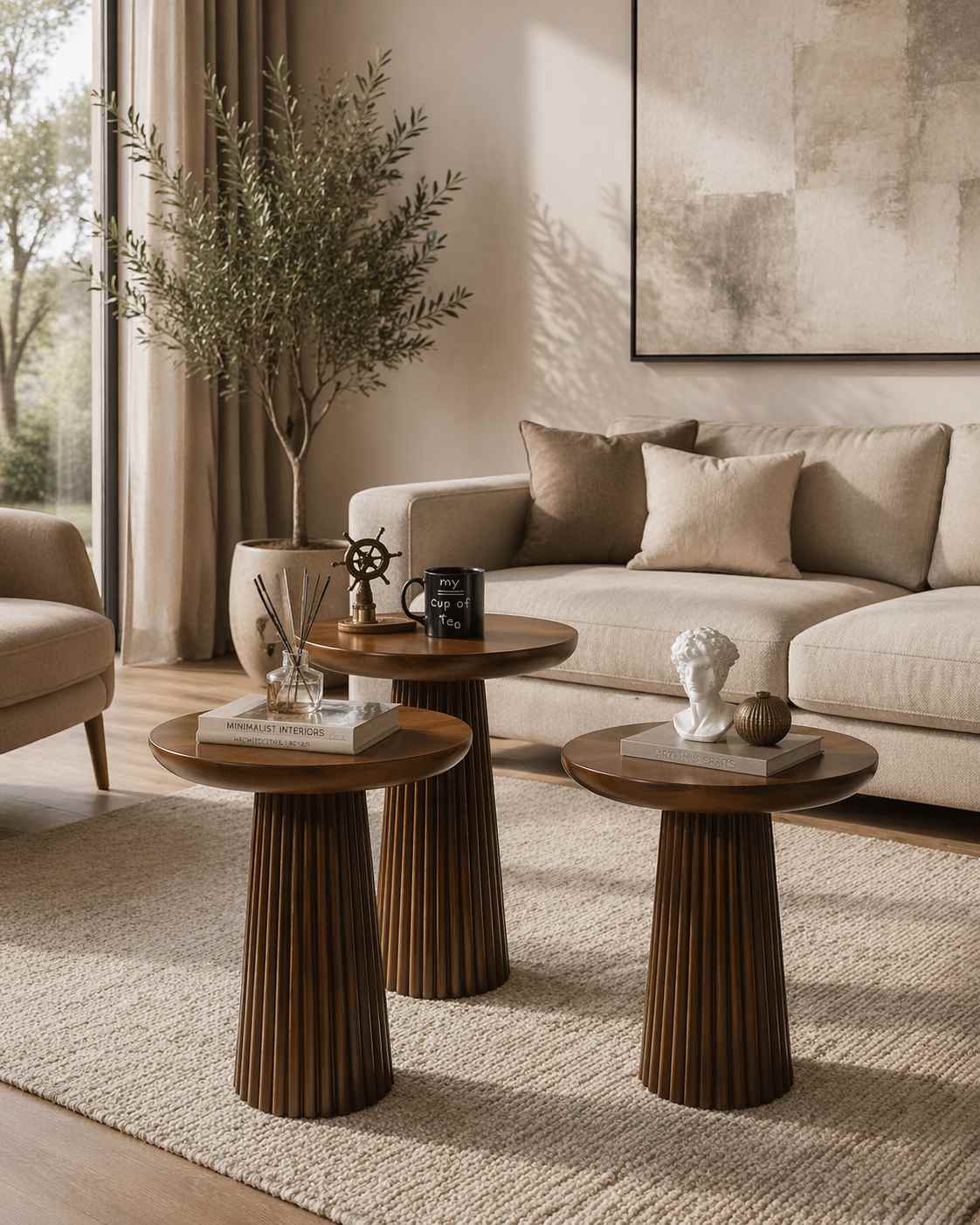 Doğal ceviz renk mantar sehpa seti 3’lü