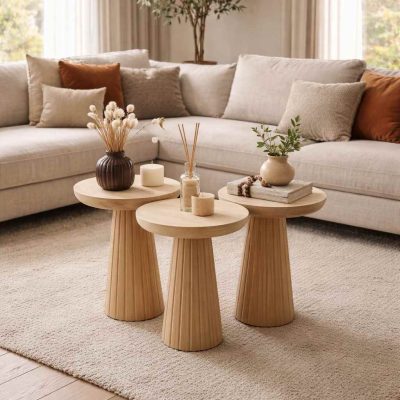 Ceviz renk ahşap mantar sehpa dekoratif set