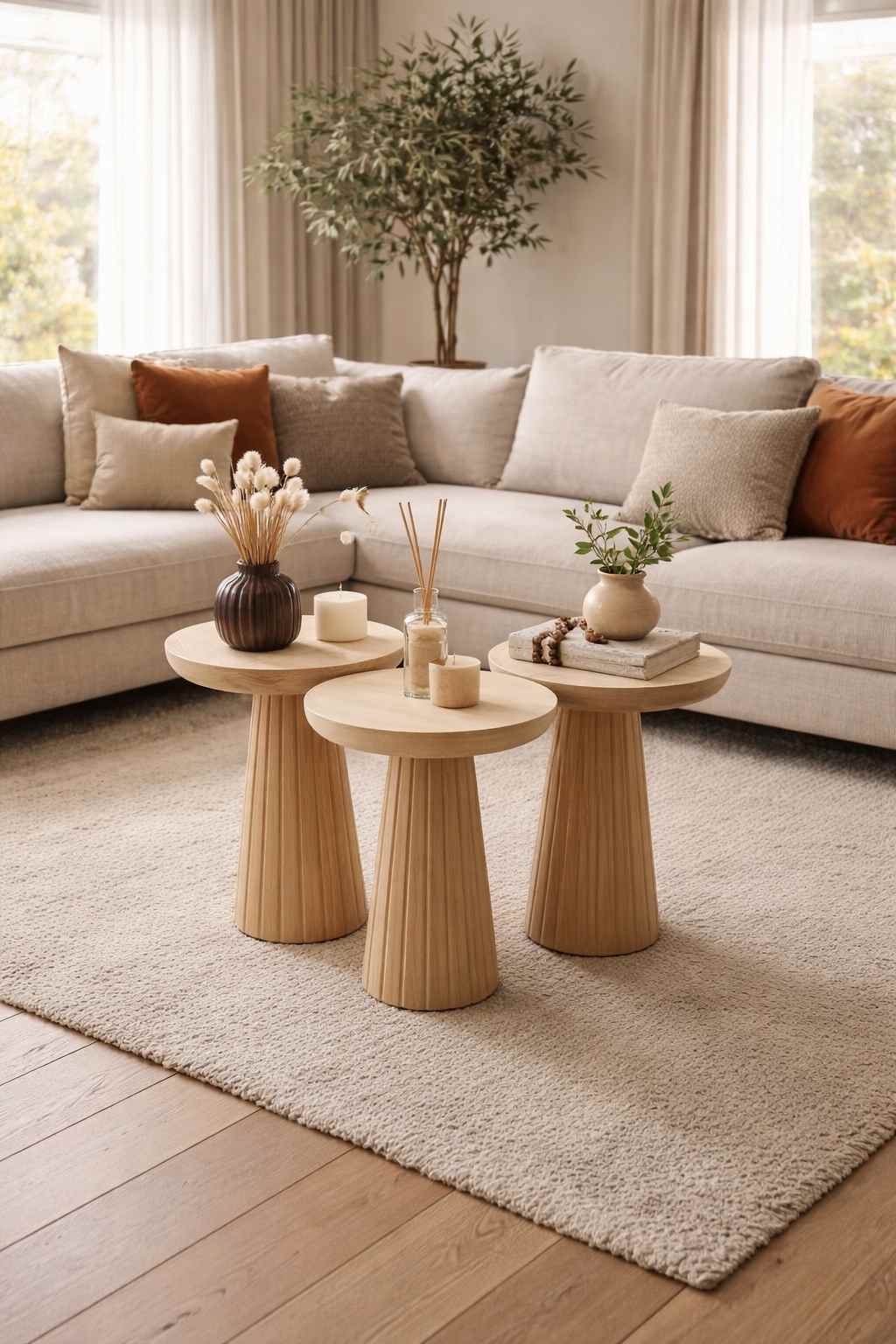 Ceviz renk ahşap mantar sehpa dekoratif set