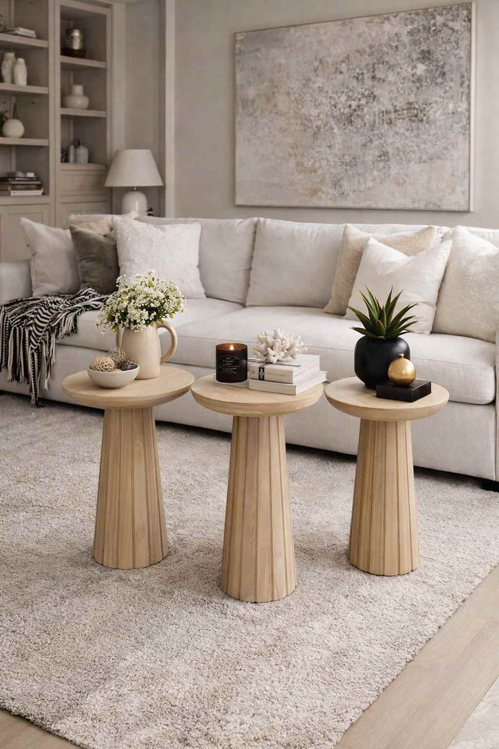 Doğal dokulu mantar sehpa seti ev dekorasyonu