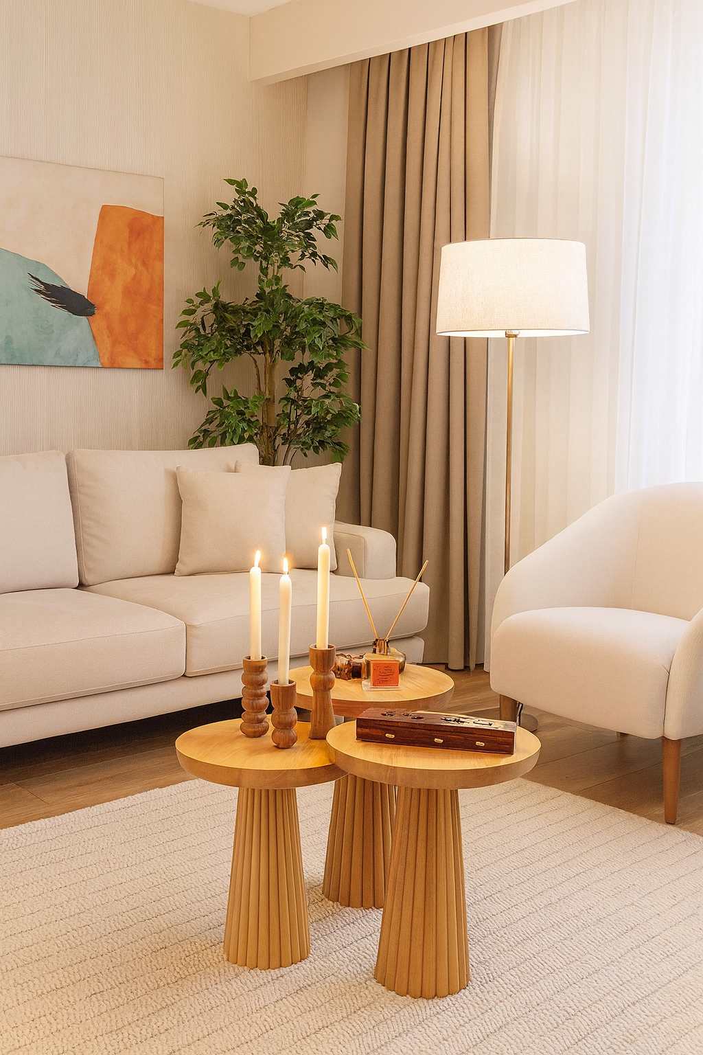 Ahşap yan sehpa mantar model 3’lü set