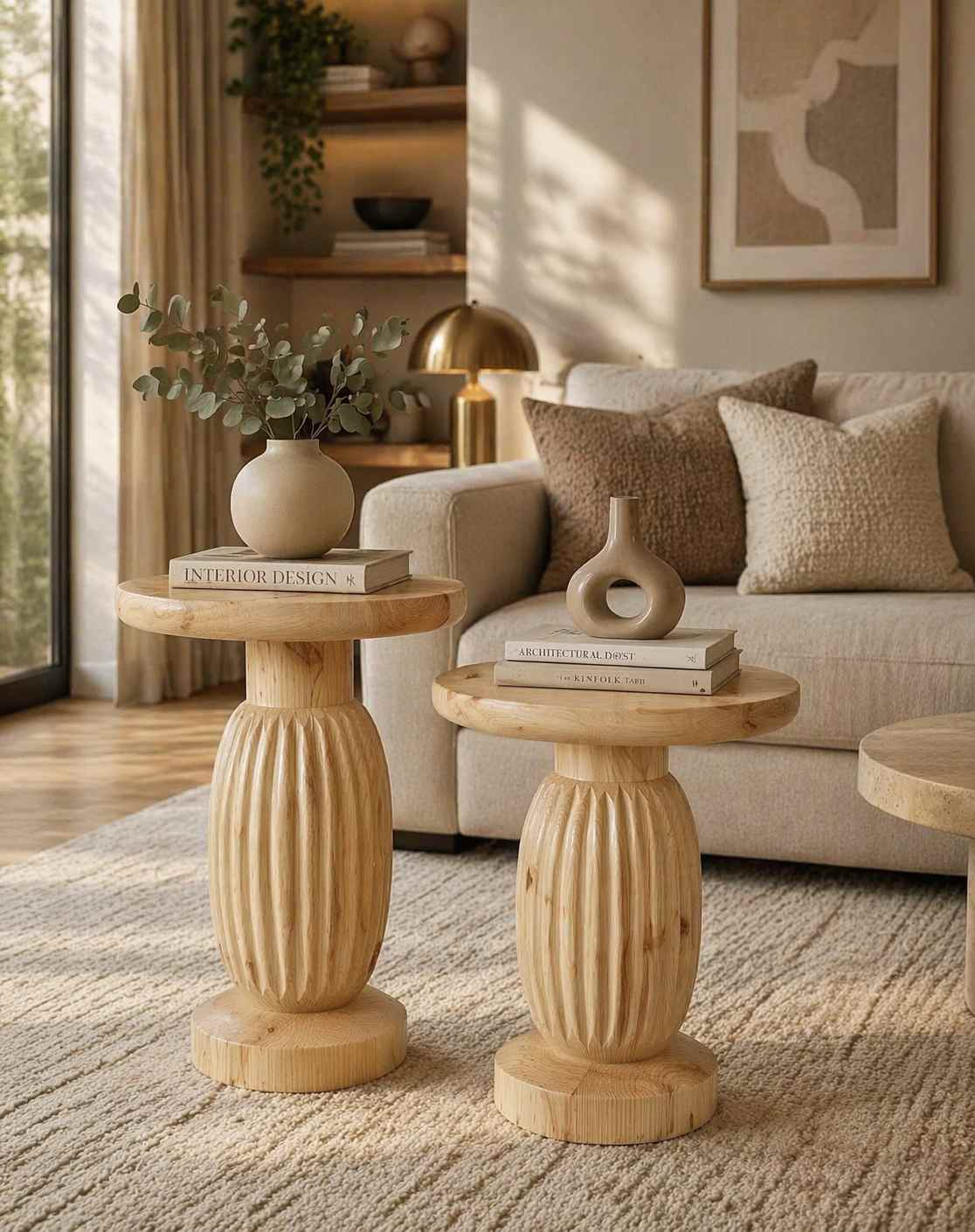 3’lü mantar sehpa seti doğal ahşap tasarım