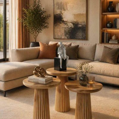 Doğal ahşap mantar sehpa 3’lü set modern tasarım