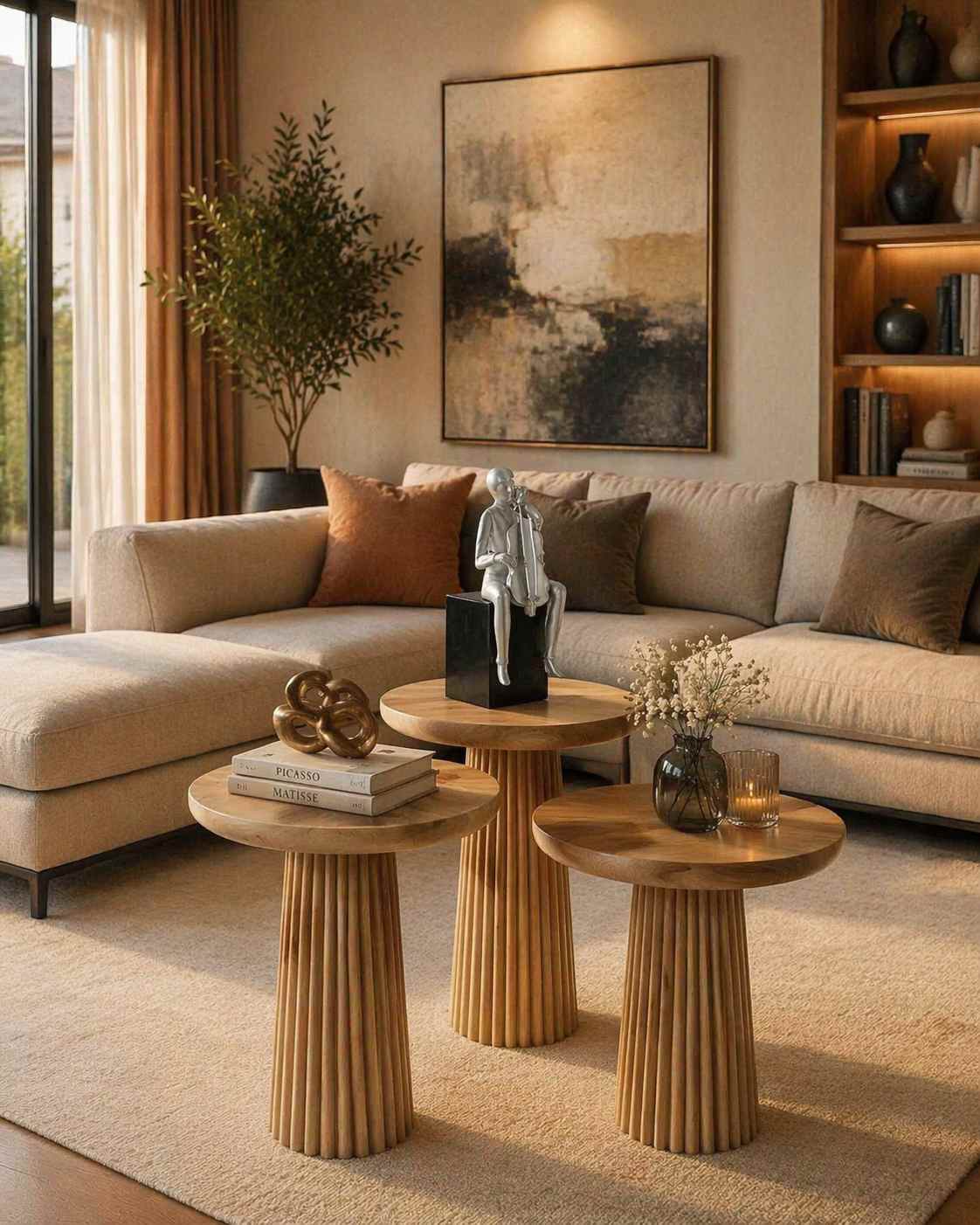 Doğal ahşap mantar sehpa 3’lü set modern tasarım