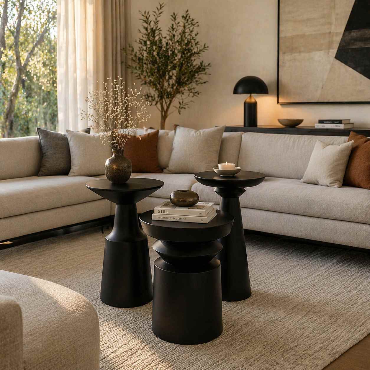 Modern ahşap mantar sehpa seti salon ürünü