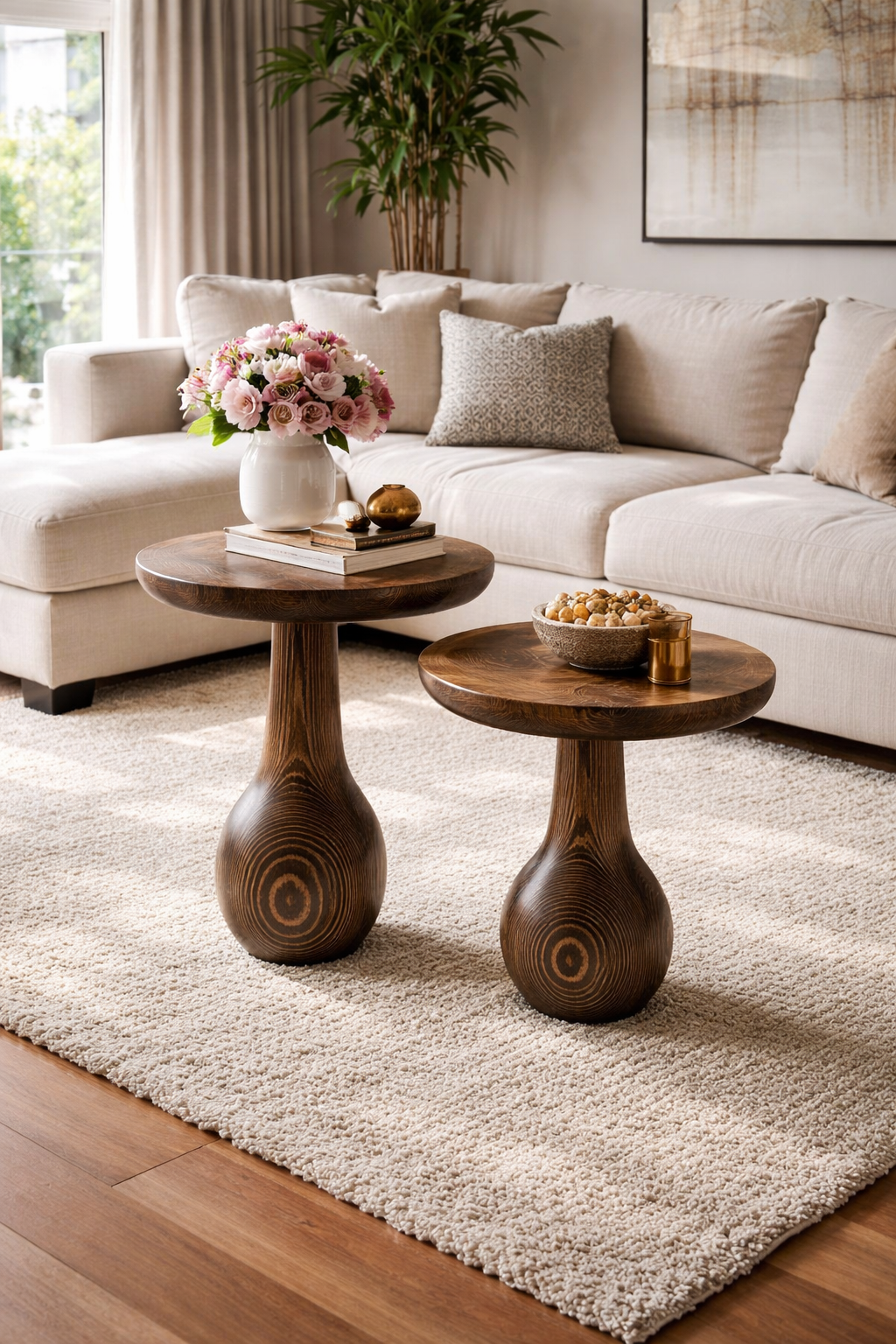 Modern mantar sehpa seti masif ahşap orta sehpa