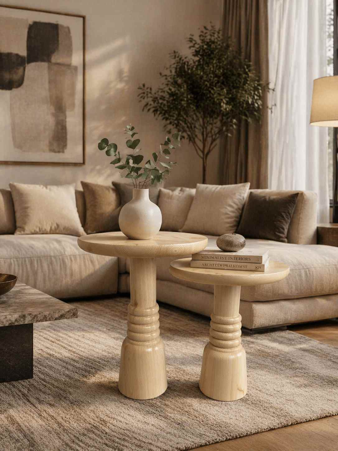 El yapımı mantar sehpa ahşap 3’lü set