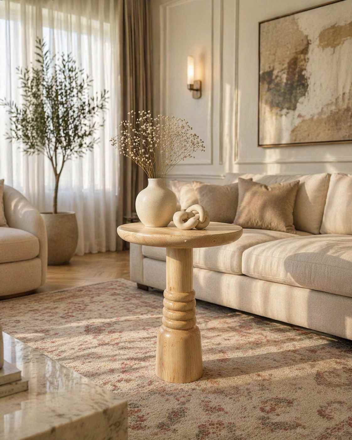 3’lü ahşap mantar sehpa seti salon için