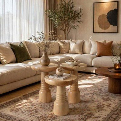 Şık ahşap mantar sehpa modern salon ürünü