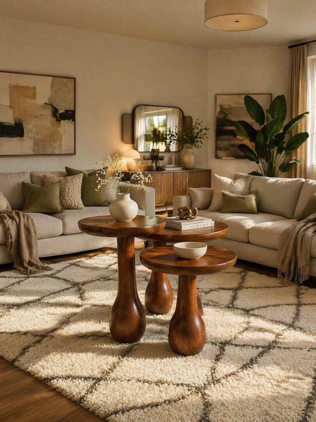 Doğal ahşap mantar sehpa salon seti