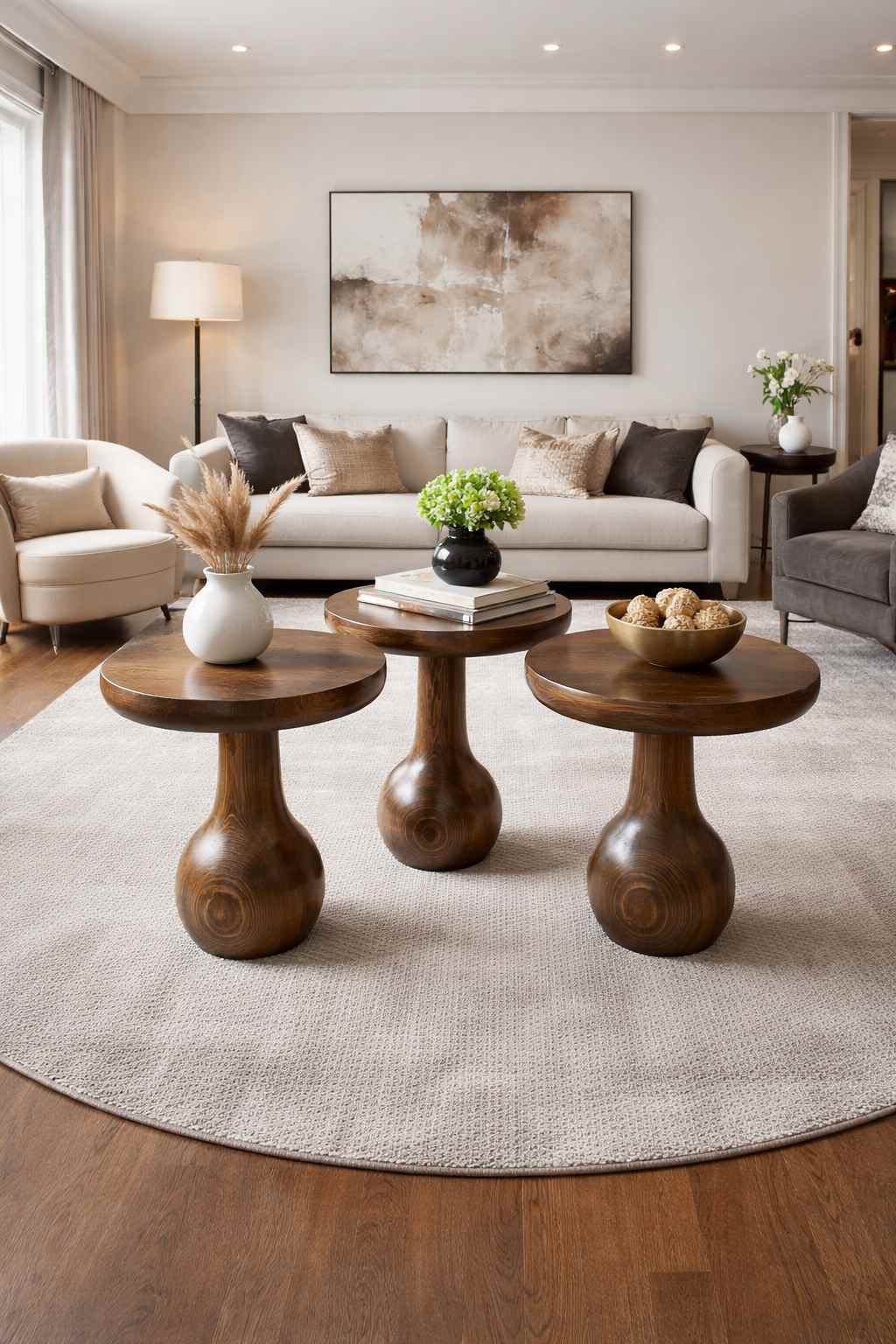 Doğal ceviz renk mantar sehpa seti 3’lü