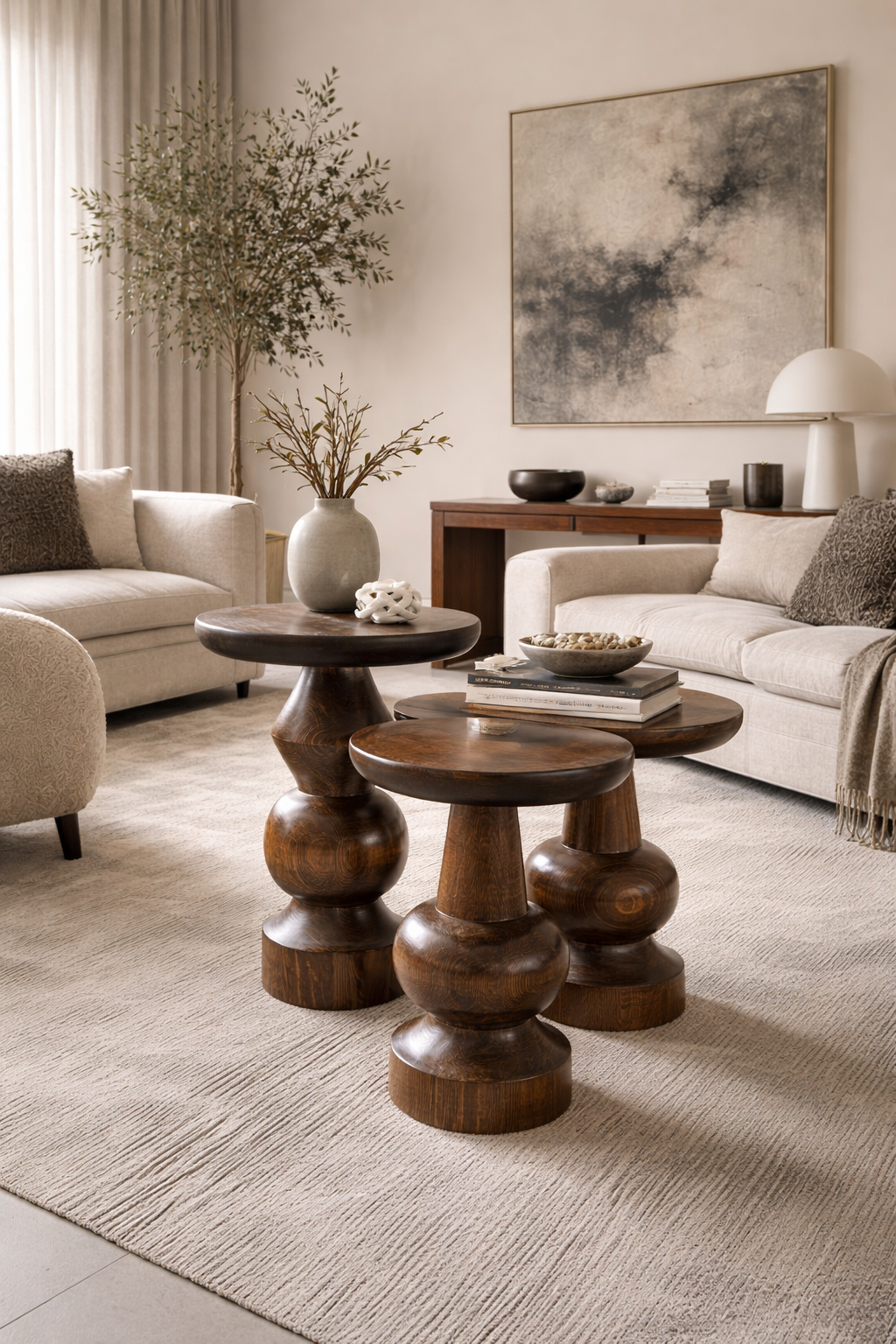 Masif ahşap mantar sehpa seti salon