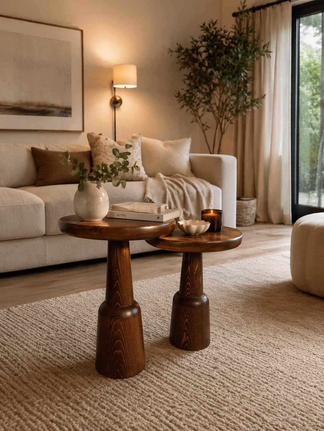 Rustik tarzı sevenler için özel üretilmiş mantar formda ahşap sehpa seti.