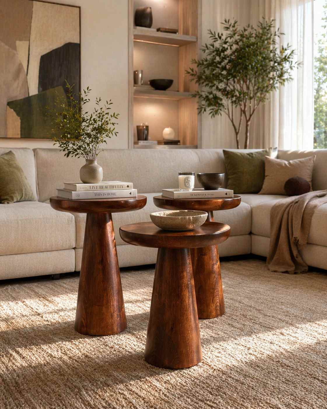 Masif ahşap mantar sehpa seti doğal