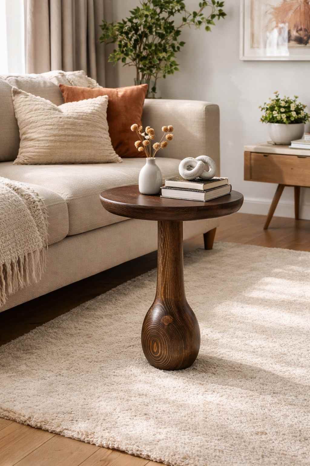 Masif ahşap yan sehpa mantar form dekoratif set