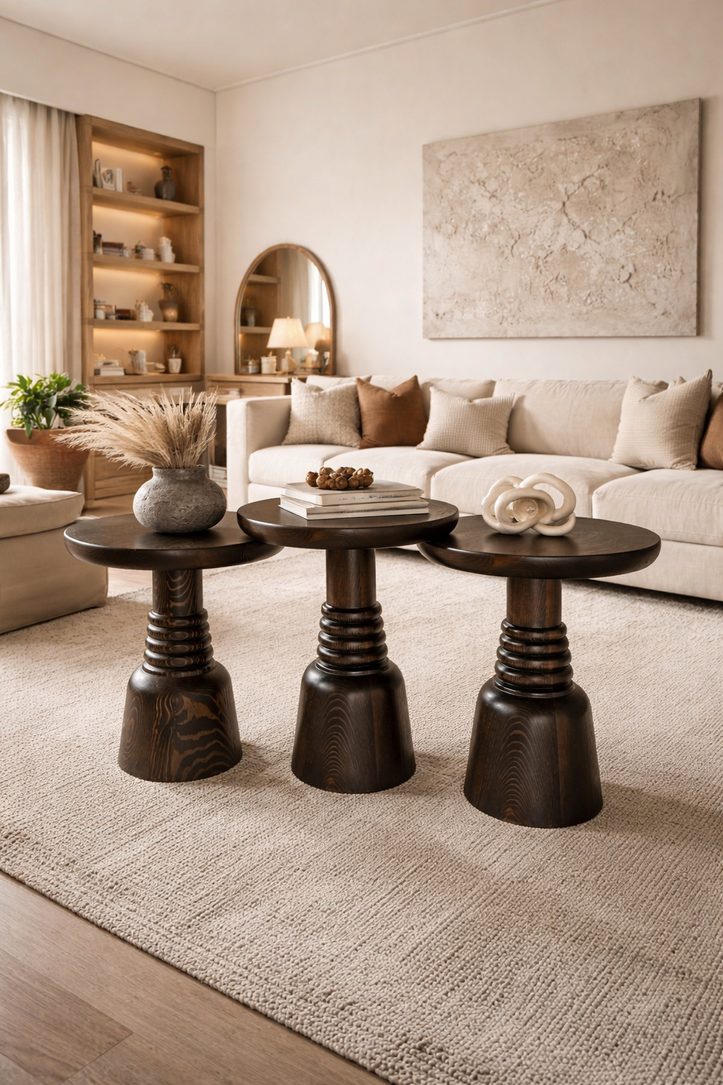 3’lü zigon mantar sehpa seti doğal ahşap