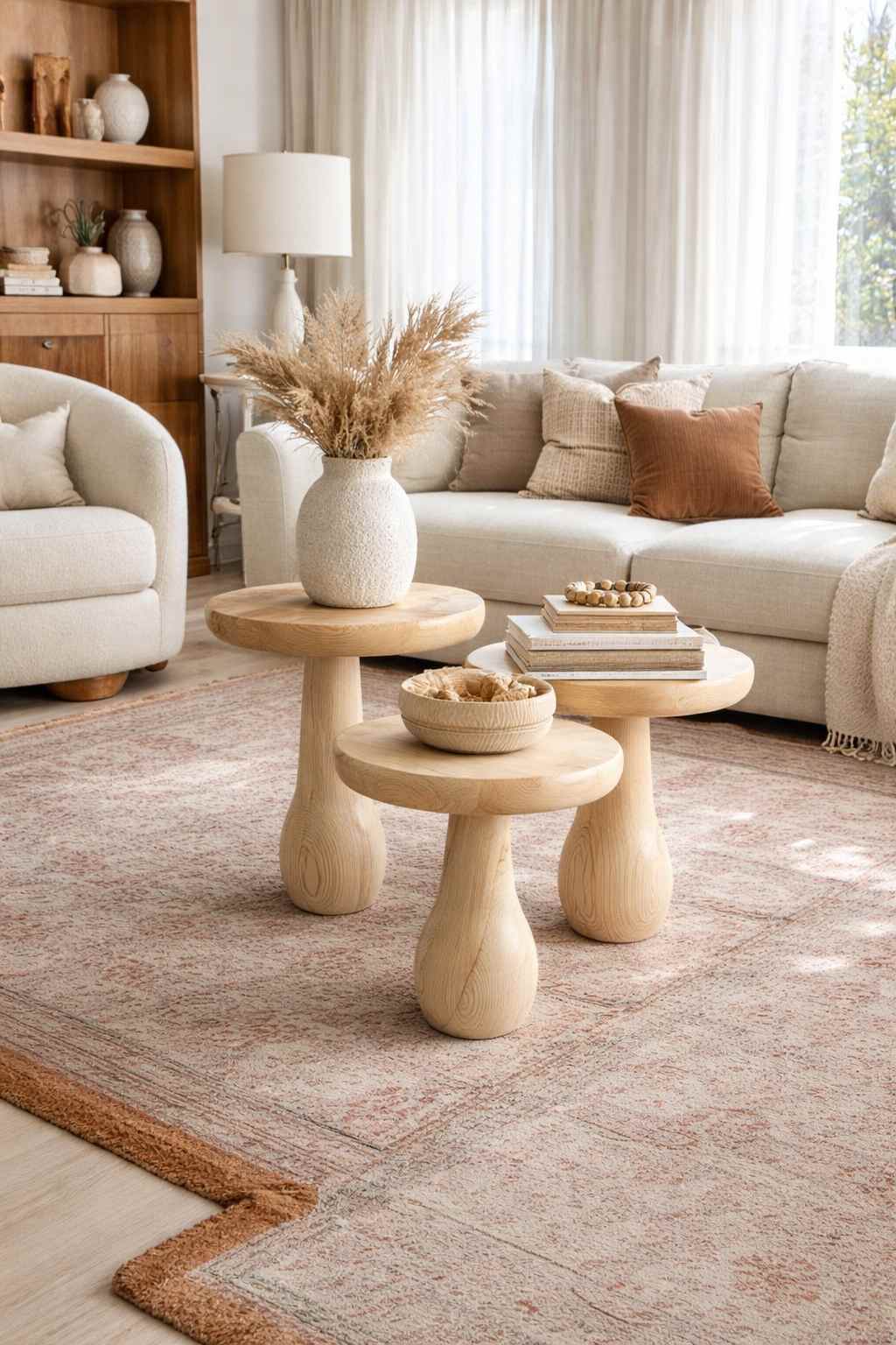 Doğal masif ahşap mantar sehpa seti salon dekorasyonu