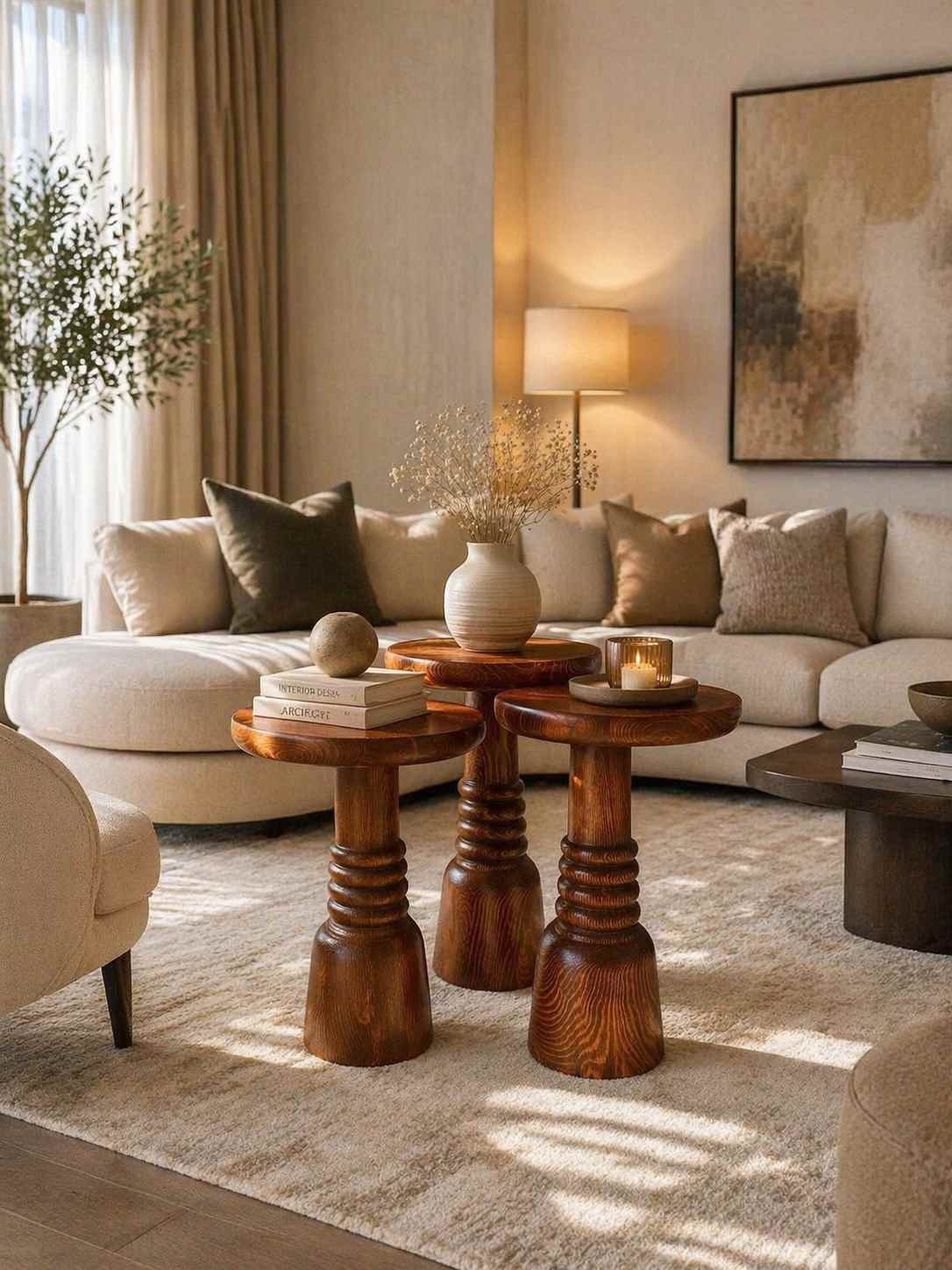 Doğal ceviz ahşap mantar sehpa seti