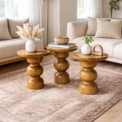 Doğal ahşap mantar sehpa seti salon dekorasyonu