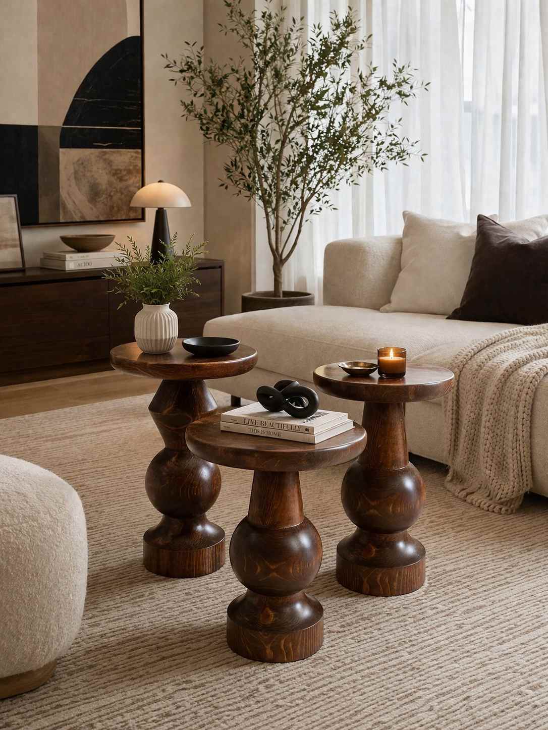 Kestane renk mantar sehpa seti ahşap