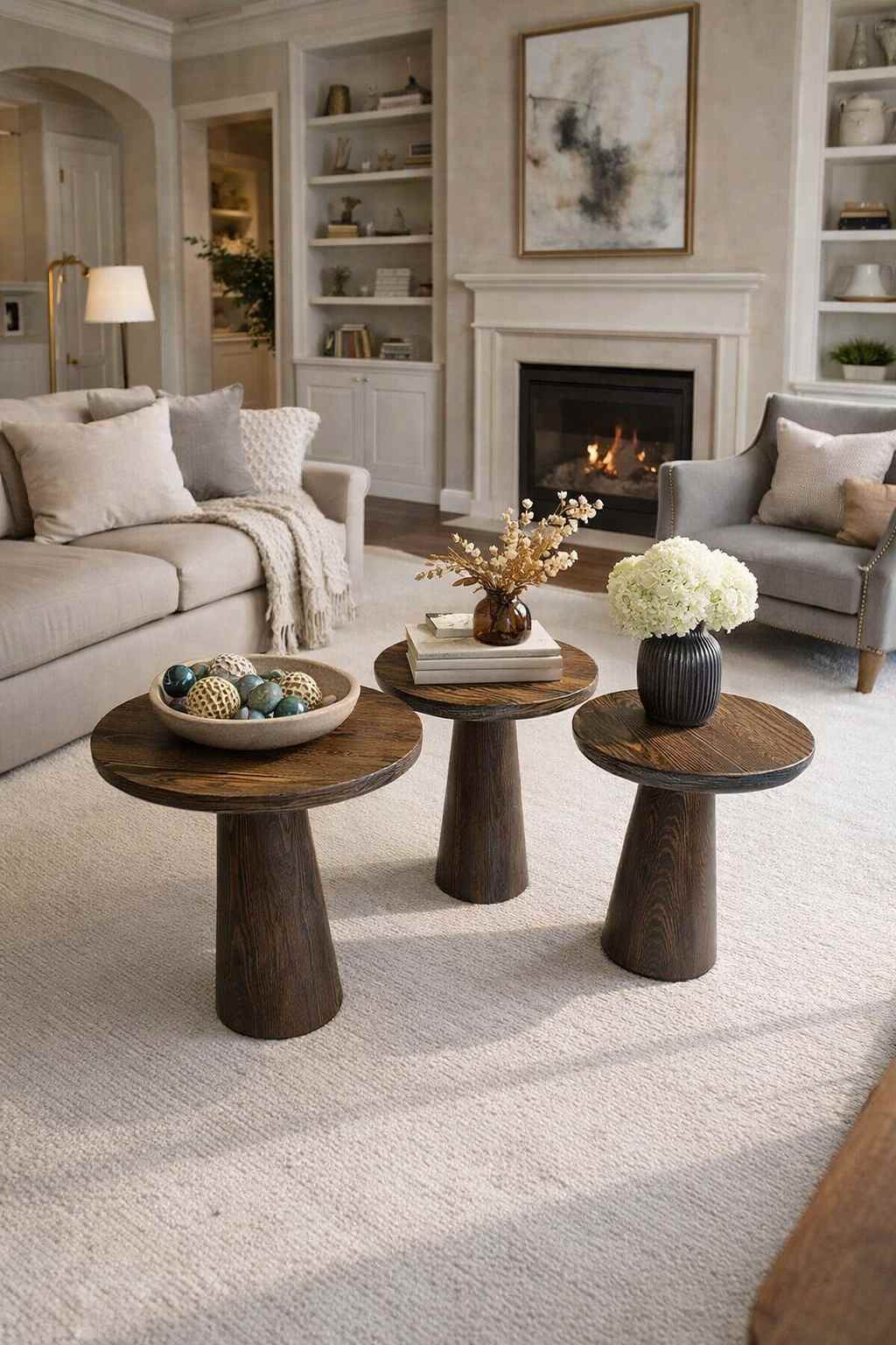 Doğal dokulu mantar sehpa seti ev dekorasyonu