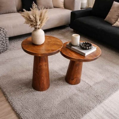 Minimal tasarımlı ahşap mantar yan sehpa seti