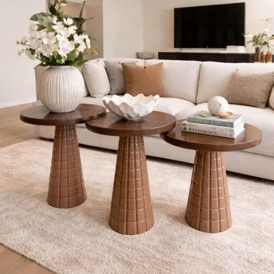 Ahşap mantar sehpa seti modern salon dekorasyonu