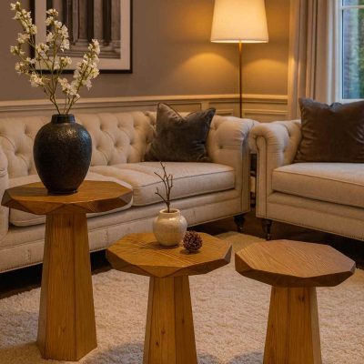 Nutra - Tütün Renk Modern Ahşap Mantar Sehpa – 3’lü Zigon Fiskos Takımı