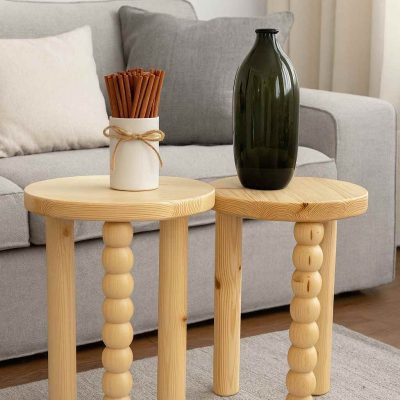 Zigon - Masif Ahşap 2’li Yan Sehpa Seti Naturel Renk Modern Zigon Fiskos