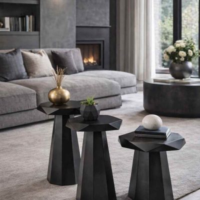 Ahşap mantar sehpa seti minimalist salon dekorasyonu