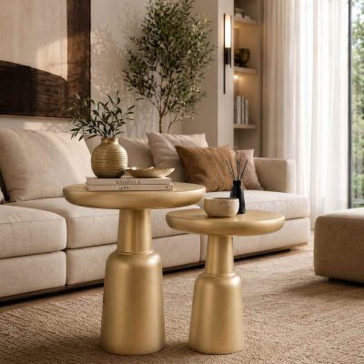 Nuvia - 2'li Ahşap Yan Sehpa Altın Renk Dekoratif Sehpa Takımı