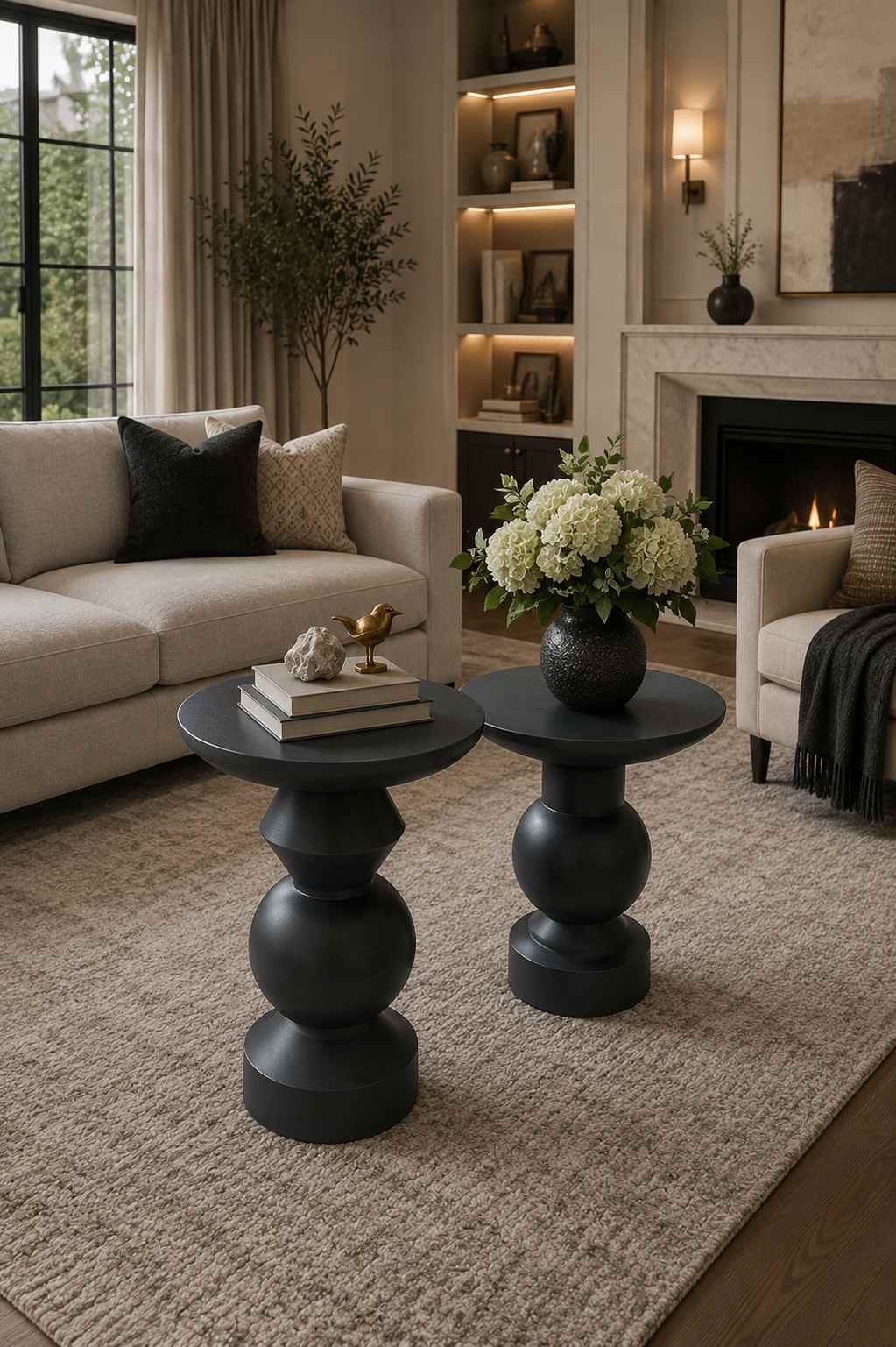 Lavinia - Modern Dekoratif Çiçeklik Ahşap 2’li Antrasit Yan Sehpa