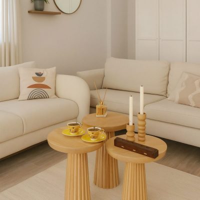 Artiq - Naturel Renk Ahşap 3’lü Mantar Sehpa Estetik Zigon Set