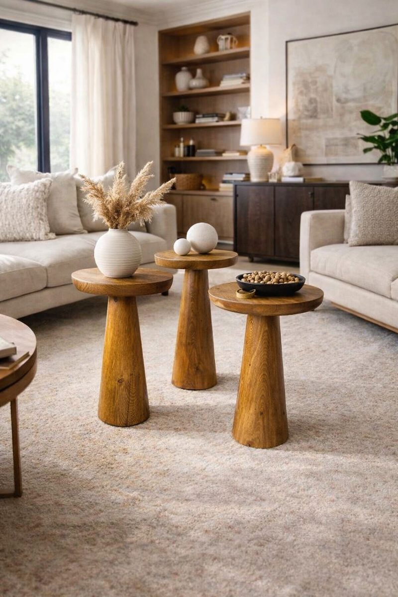 sehpa - Nord - Ahşap Tik Ağacı Renk 3’lü Mantar Zigon Sehpa