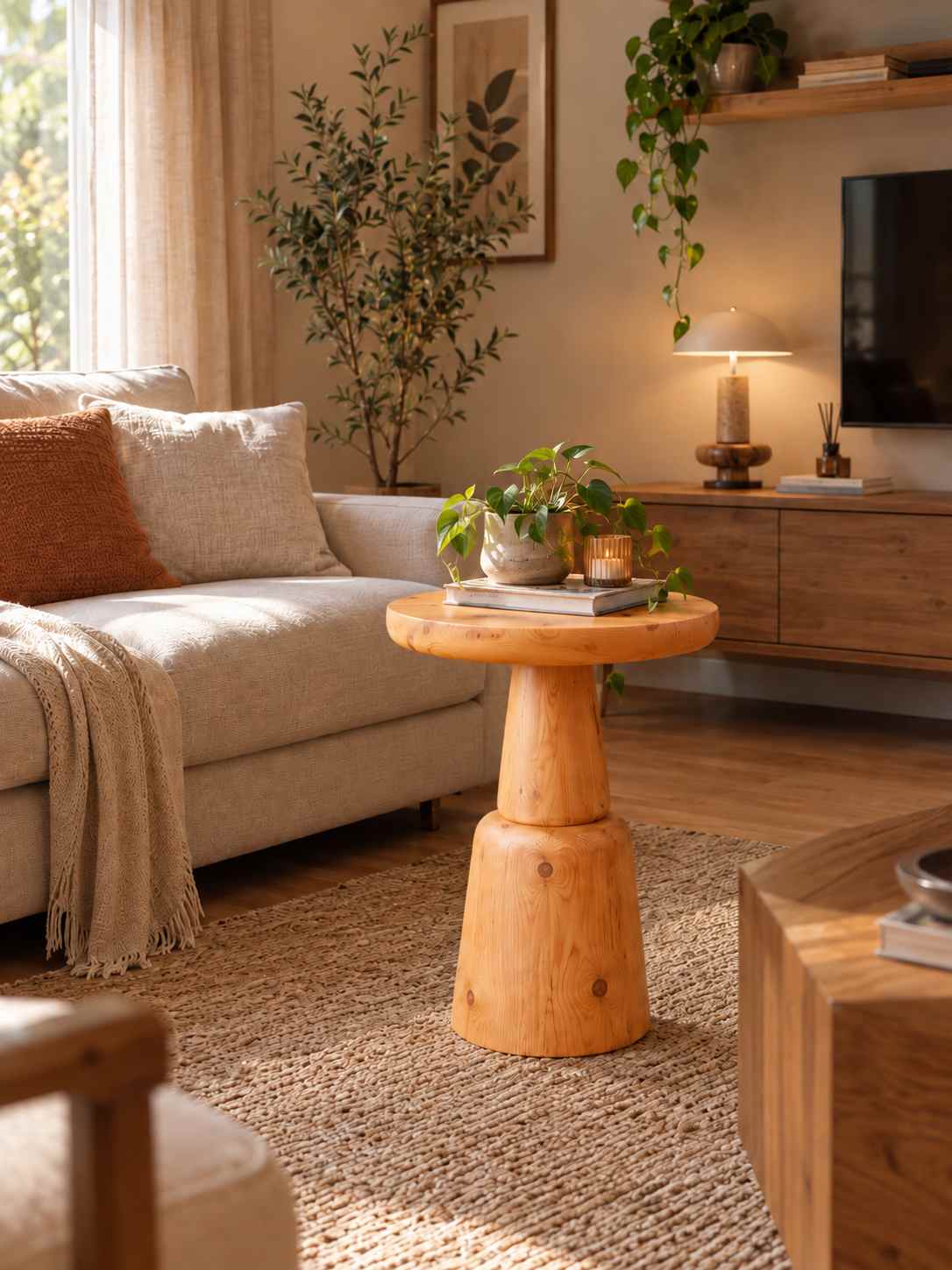 Nuvia - Açık Meşe Renk Tekli Dekoratif Ahşap Yan Sehpa