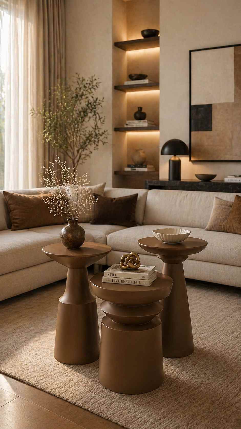 Nordtre - 3'lü Kahverengi Doğal Masif Ahşap Yan Sehpa Seti - Görsel 2
