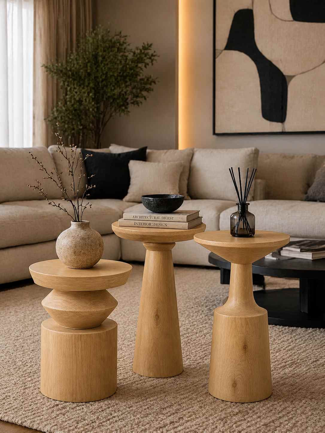 Nordtre - 3'lü Naturel Renk Masif Ahşap Yan Sehpa Takımı - Görsel 2