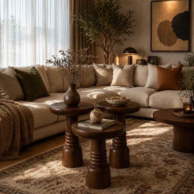 Svala - Doğal Masif Ahşap 3'lü Kestane Salon Mantar Sehpası