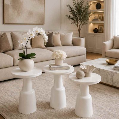 Nuvia - Beyaz Ahşap Yan Sehpa 3'lü Modern Salon Yan Sehpası - Ahşap El Yapımı Yan Sehpa | Simillo