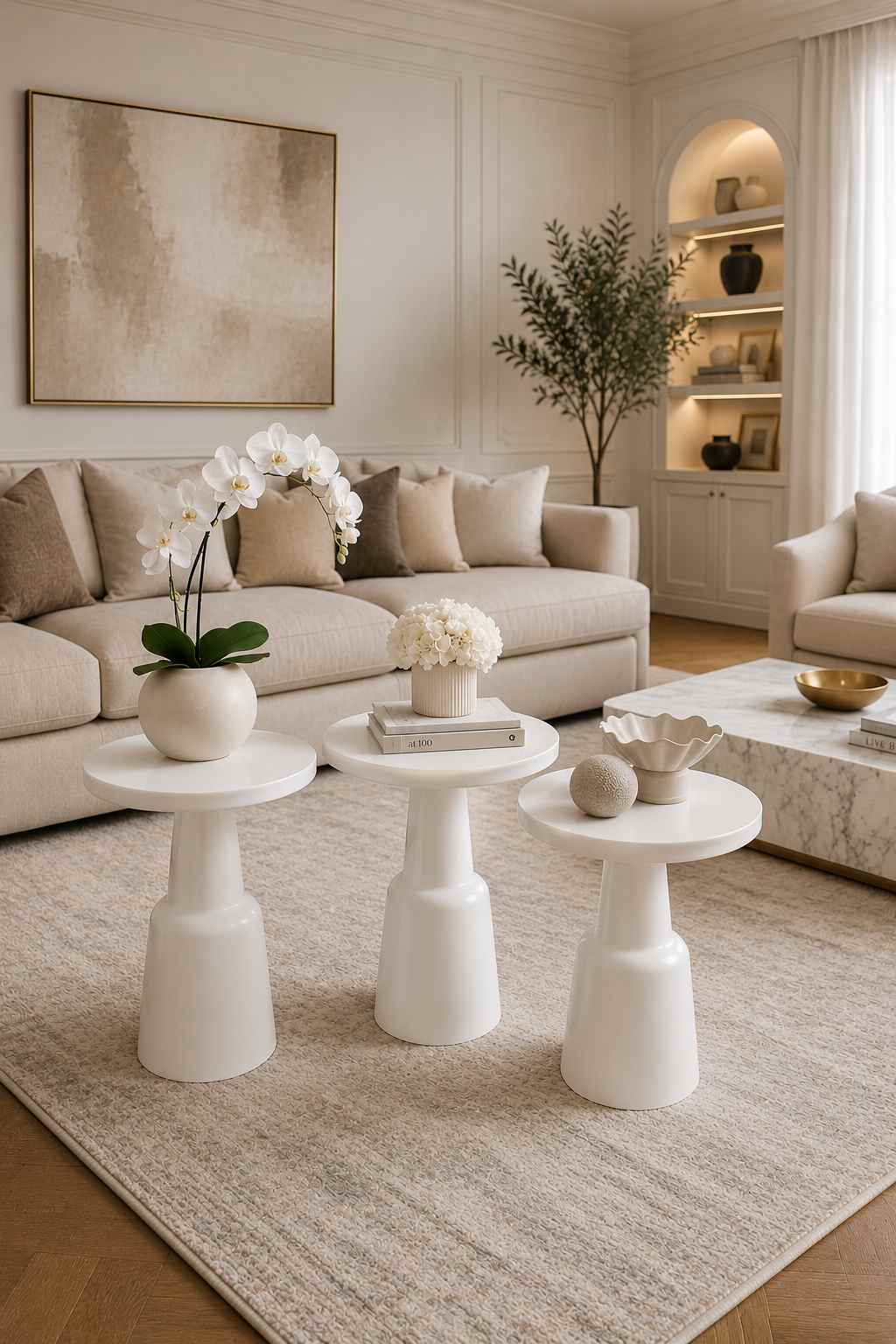 Nuvia - Beyaz Ahşap Yan Sehpa 3'lü Modern Salon Yan Sehpası - Ahşap El Yapımı Yan Sehpa | Simillo