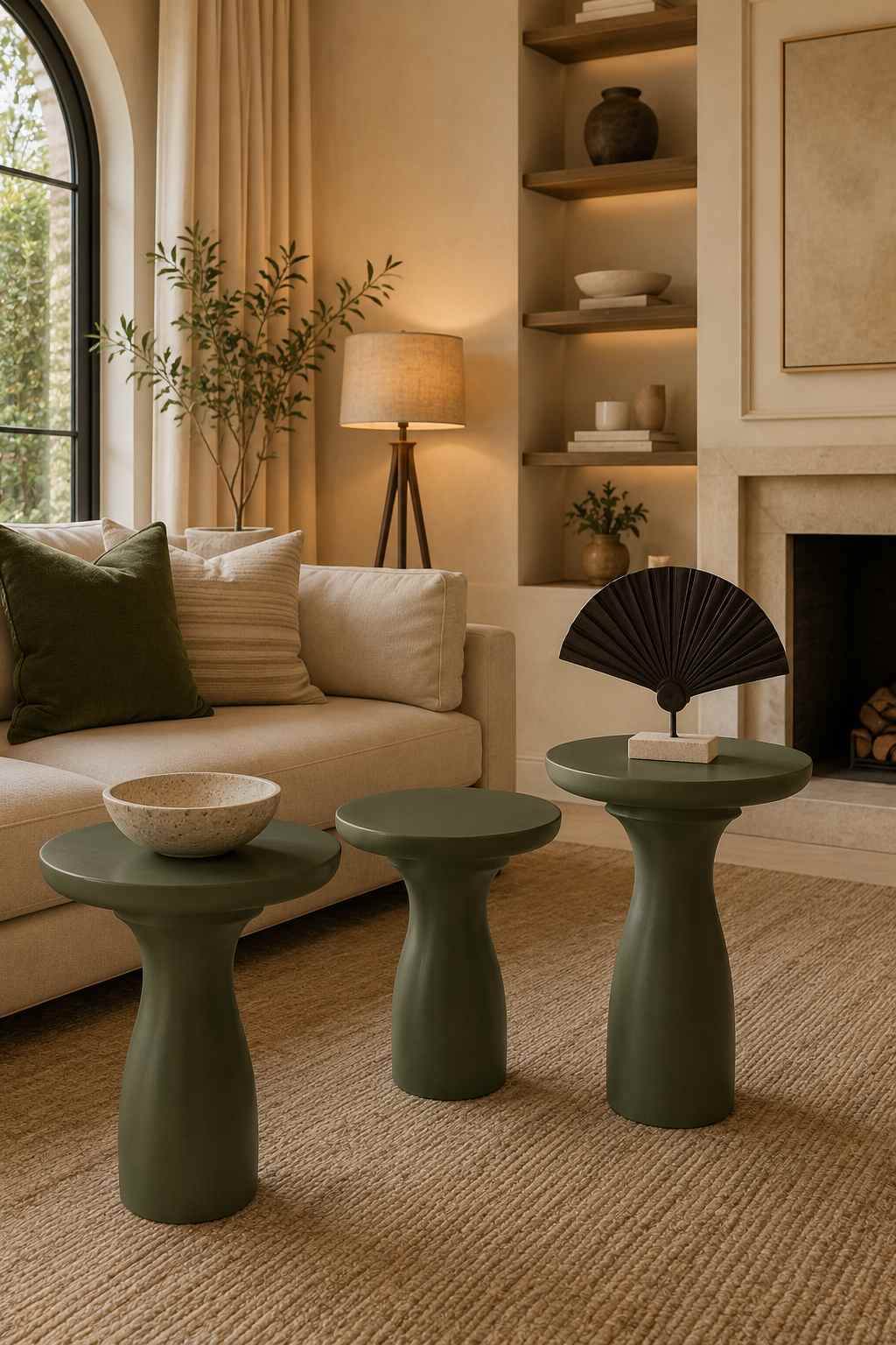 Linea - Modern Tasarım Yeşil Renk 3'lü Ahşap Yan Sehpa