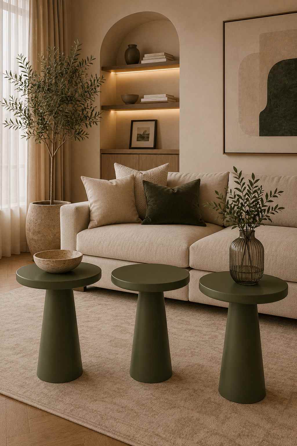 Nord - 3'lü Set Yeşil Mantar Sehpa – Modern Ahşap Tasarım