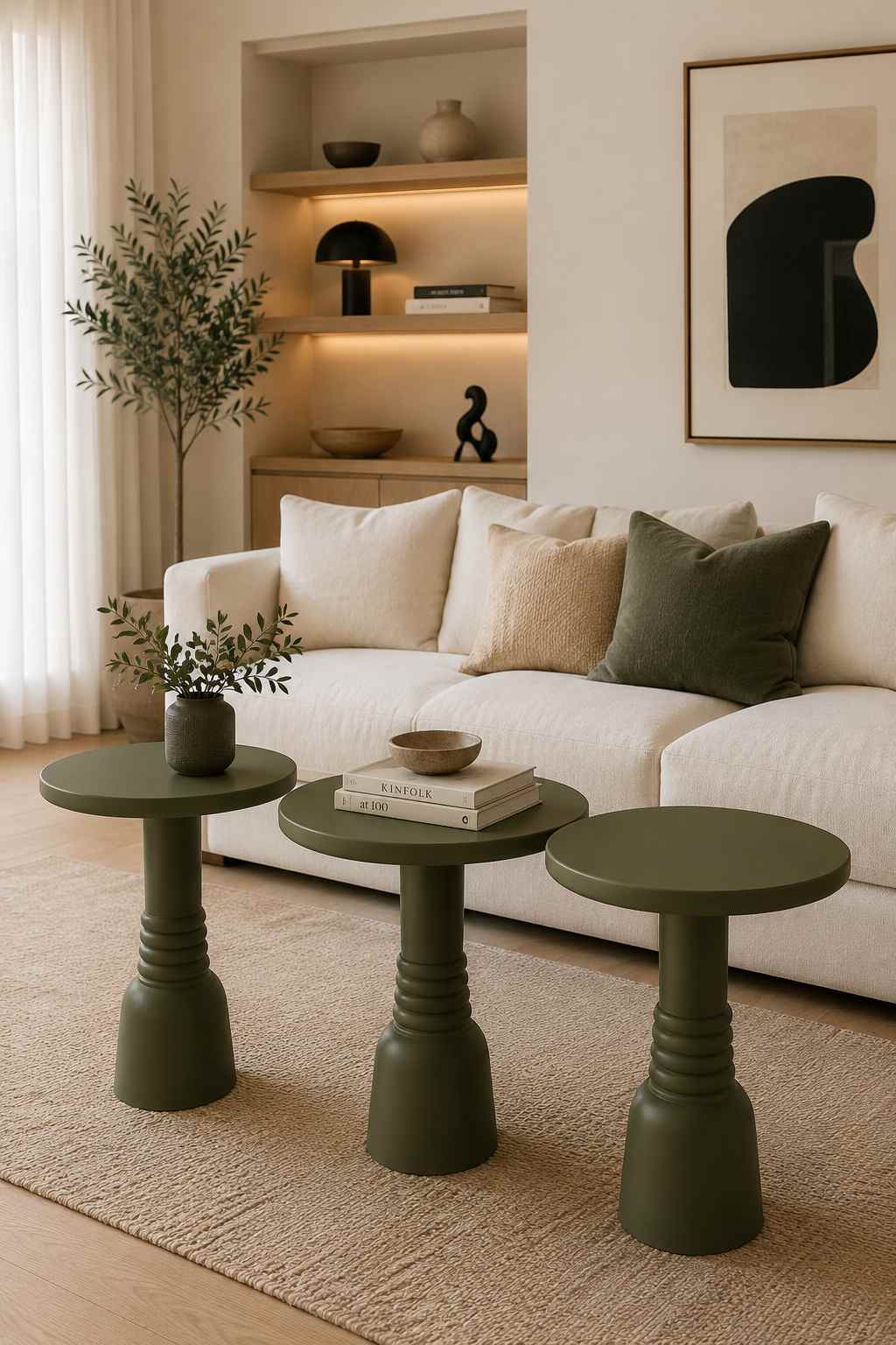 Svala - 3'lü Set Yeşil Mantar Sehpa – Dekoratif Ahşap Sehpa - Görsel 2