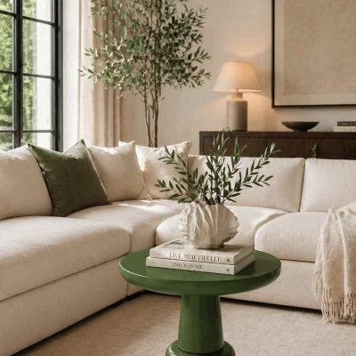 Nuvia - Minimalist Tasarım Yeşil Masif Ahşap Yan Sehpa