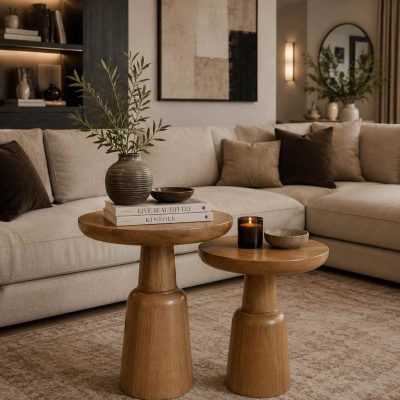 Nuvia - Tütün Renk Ahşap Yan Sehpa – 2'li Set Dekoratif Model