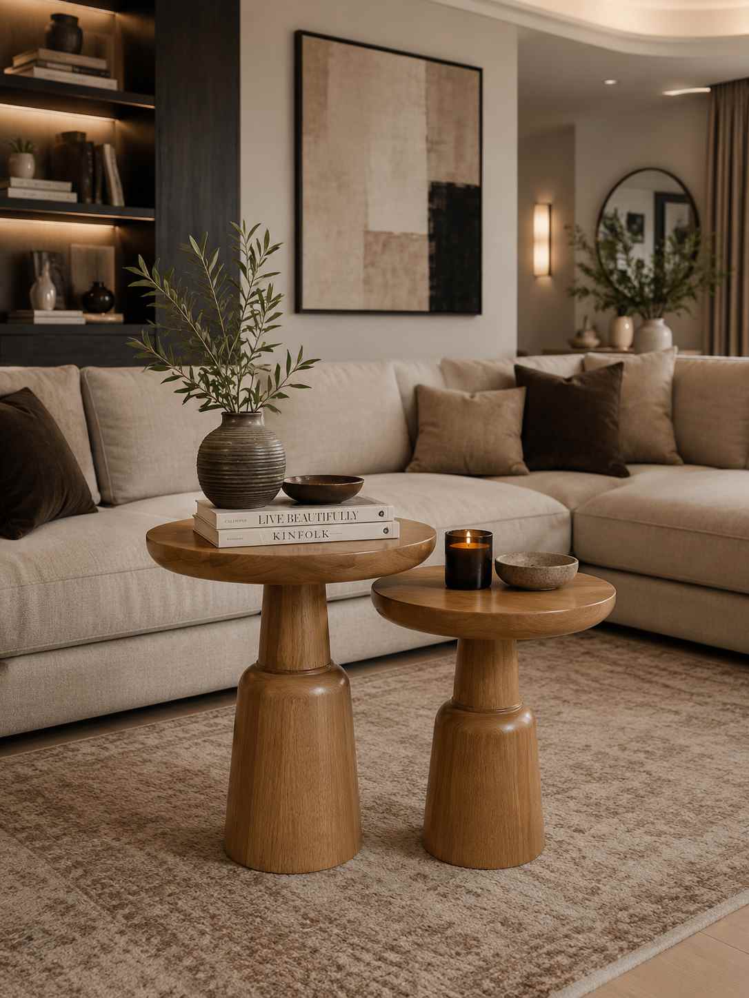 Nuvia - Tütün Renk Ahşap Yan Sehpa – 2'li Set Dekoratif Model